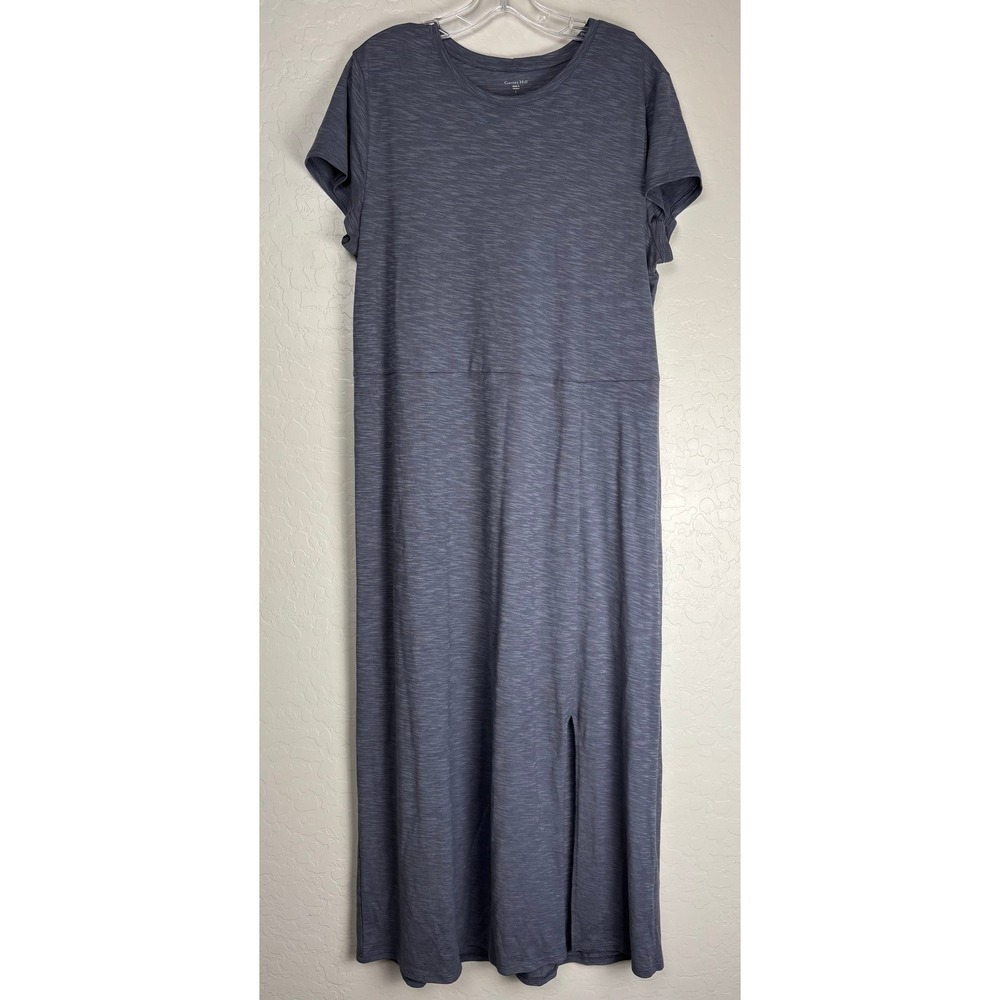 Garnet Hill Blue Slub Cotton Tencel Maxi Dress Short Sleeve Side Slit L 2412
